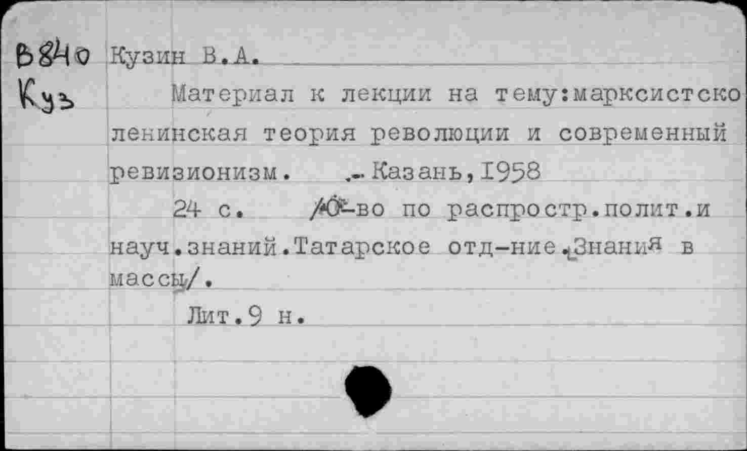 ﻿	Кузин В. А.	
		Материал к лекции на тему:марксистско
	ленинская теория революции и современный	
	ревизионизм. ... Казань, 1958	
		24 с.	/К>-во по распростр.полит .и
	науч масс;	.знаний.Татарское отд-ние^Знания в а/.
		Лит.9 н.